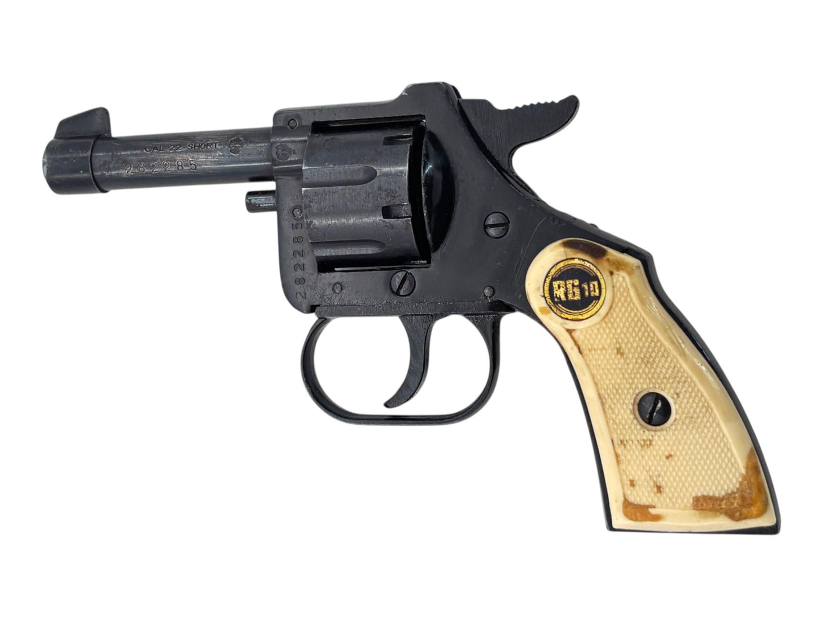 German Rohm .22 SHORT Training Revolver: S#: 282285 | 2.4" Barrel | 6 Shot SA/DA Revolver |||| CONDITION: Moderate. 60% Original Finish, with Minor Scratches and Finish Loss with Signs of Rust and Pitting. Grips are in Moderate Condition.