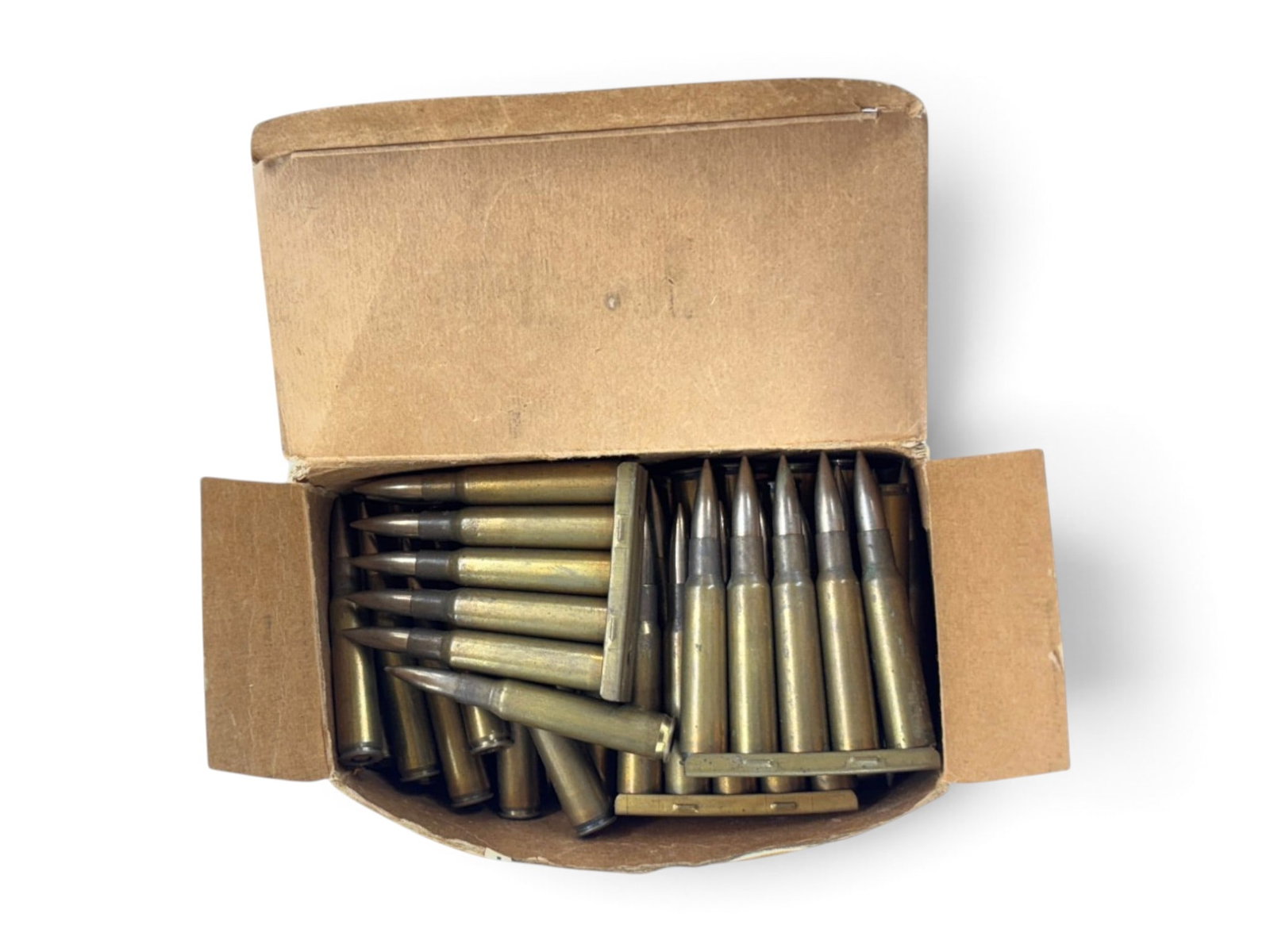 Box of Approx. 100rds. of 1969 FN 7mm MAUSER Ammunition with Stripper Clips: This box is not full. Comes with some stripper clips.