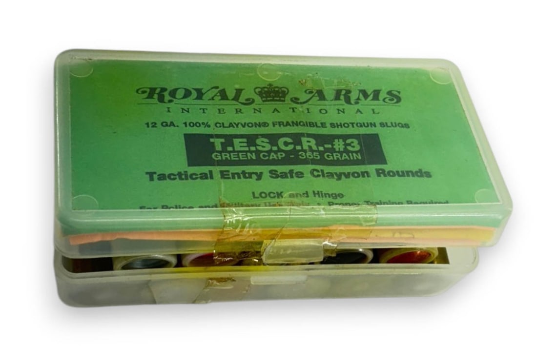 NIB 12rds. of 12 GA. Tactical Entry Safe Clayvon Rounds for Door Breaching: T.E.S.C.R. - #3 by Royal Arms. These rounds disintegrate upon impact destroying door lock and hinges for Police Door Breaching and Tactical Training.
