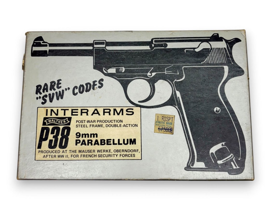 Original Vintage P38 Interarms "SVW" French Code 2-Piece Box: Original Factory Cardboard box that has been in storage. Shows age/storage wear. See photos for labels and/or contents.