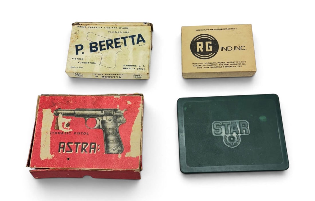 (4) Vintage Original Gun Boxes for Beretta, RG Revolver, Astra Pistol, and STAR Pistol: See photos for what the boxes fit. They all show some age/storage wear, some more than others. See photos.