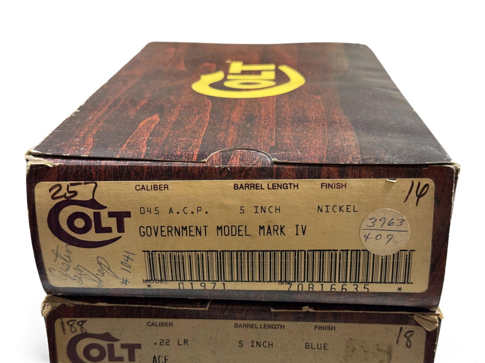 (3) Factory Colt Wood Grain Boxes with Inserts & Paper Labels - Mark IV, ACE, and Python - 2