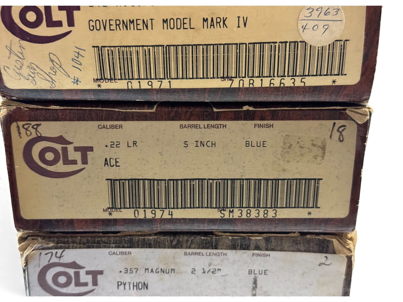 (3) Factory Colt Wood Grain Boxes with Inserts & Paper Labels - Mark IV, ACE, and Python - 3