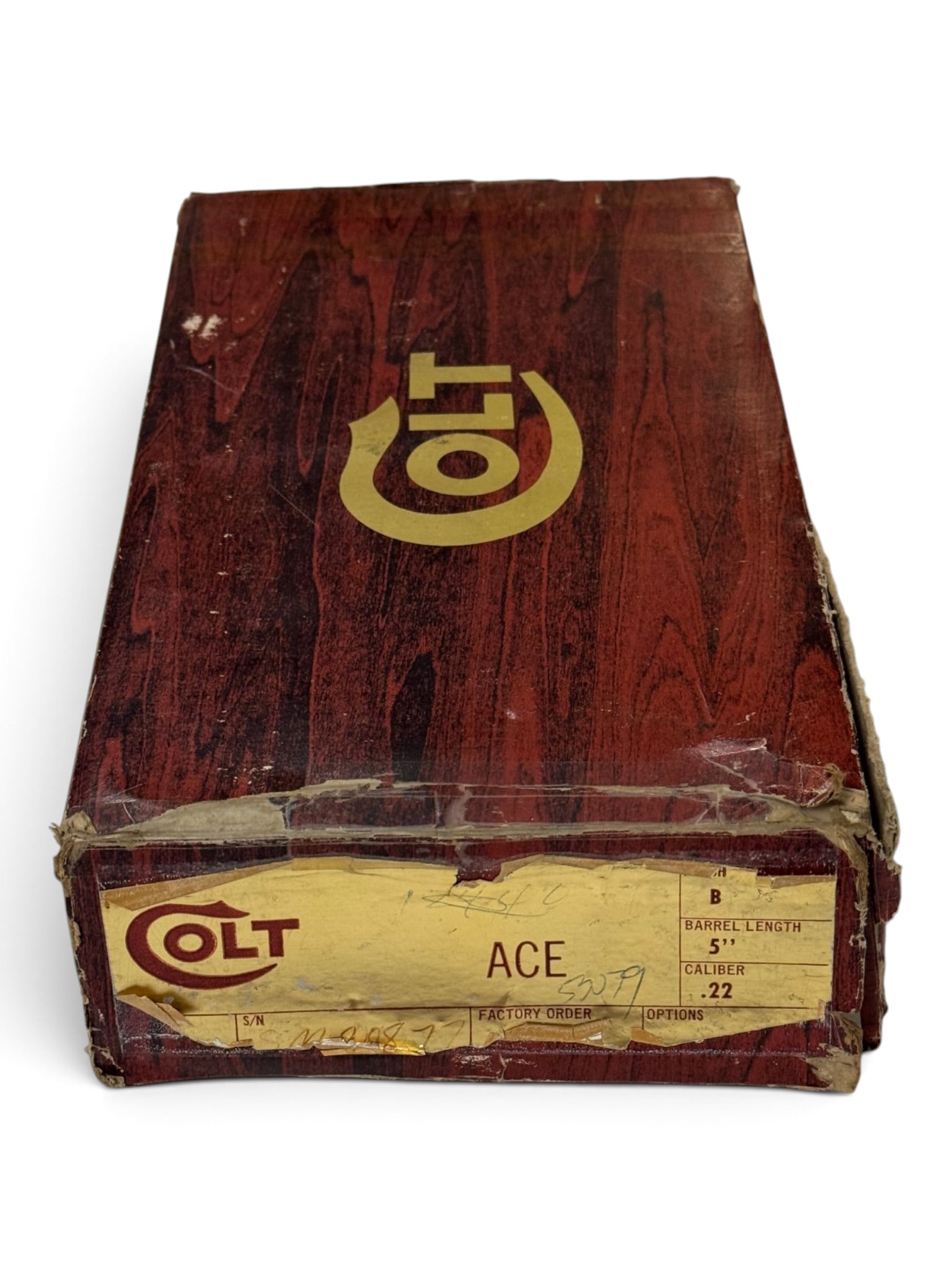 Factory Colt ACE Wood Grain Box with Styrofoam Insert, Label, and Papers: The Box Flaps aren't in the greatest shape but they are present and can certainly be made to look better/repaired. The label is also still present which is important, along with the styrofoam insert i