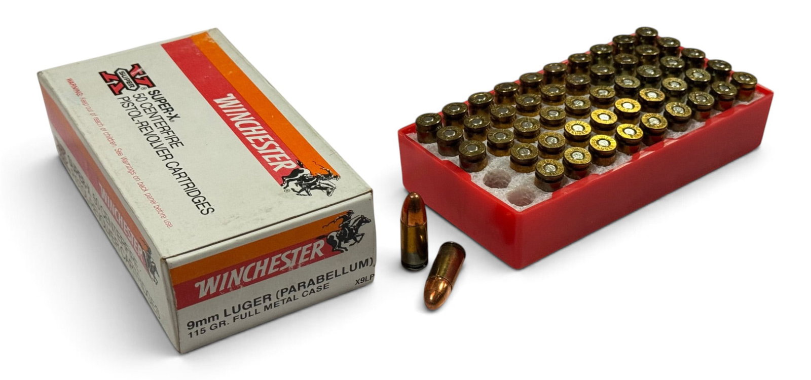 NIB 50rds. of 9mm LUGER (Parabellum) 115gr. FMC Winchester Super-X Ammunition: Vintage Ammunition X9LP – Box and Ammo are in very good condition.