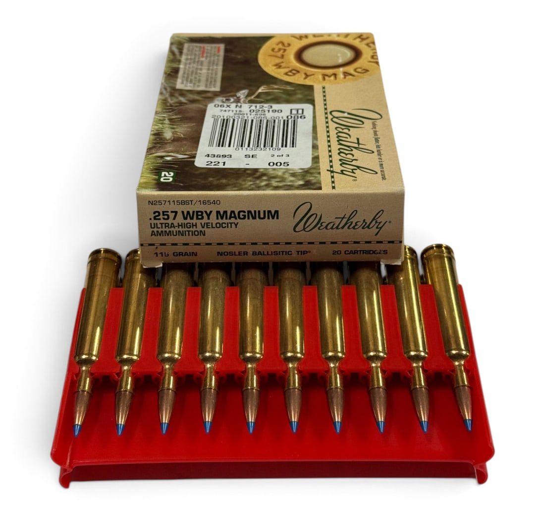 NIB 20rds. of .257 WBY MAGNUM 115gr. Nosler “Ballisitic” Tip Weatherby Misprint Error Bo: Interestingly the word Ballistic is misspelled on this box. There are no documented boxes with this typo error so this may be quite rare. Nonetheless this is very high-quality and expensive