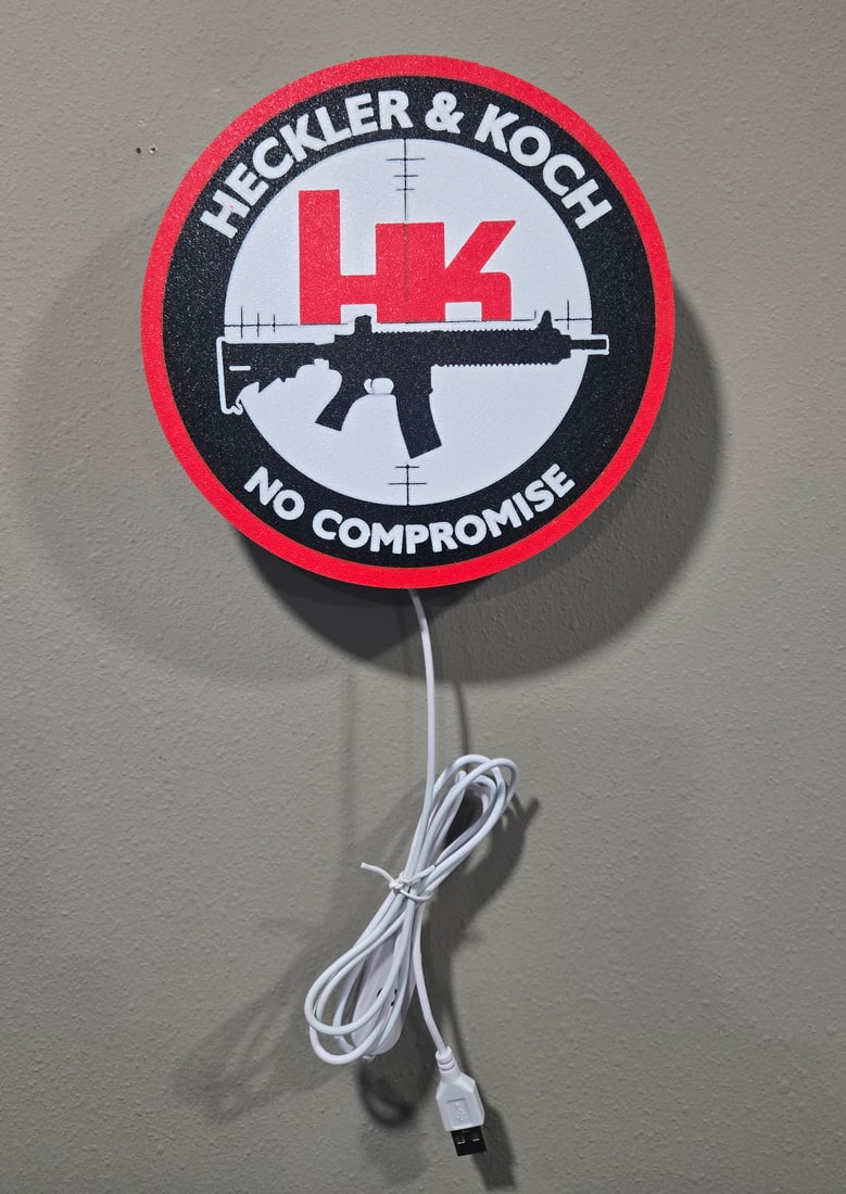 Heckler & Koch HK LED Light-Up Sign Gun Room Wall Hanging Decor: New. Tested & Works. 8" Across and 2" Deep
