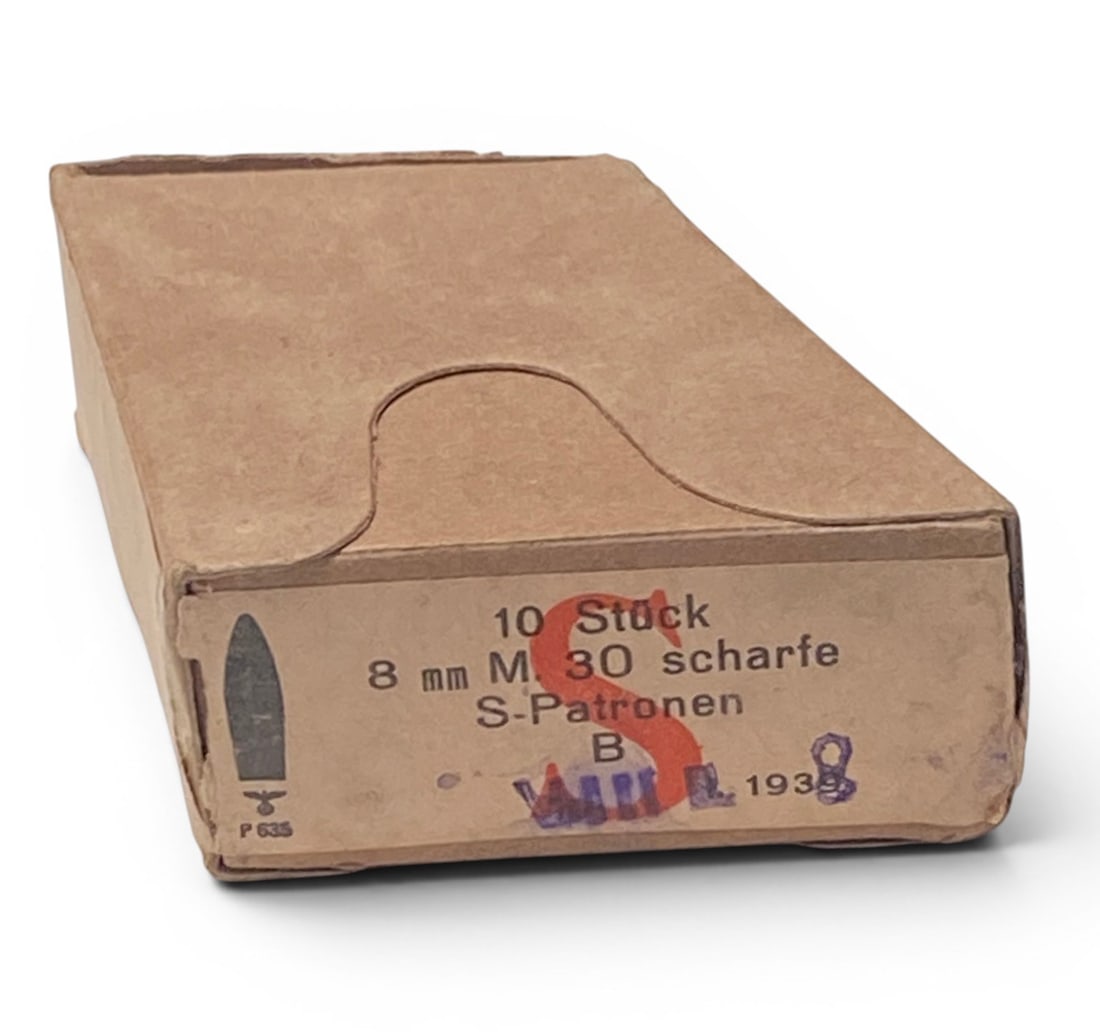Vintage NOS 10rds. German WWII Nazi 8x56mmR Steyr M30 S-Patronen 8x56r Ammo - Austrian M95: Manufactured in 1938 by occupied Austria. They have the correct headstamps and markings including their waffenamts and clips. Ammunition and boxes are in excellent condition. Great shooting or