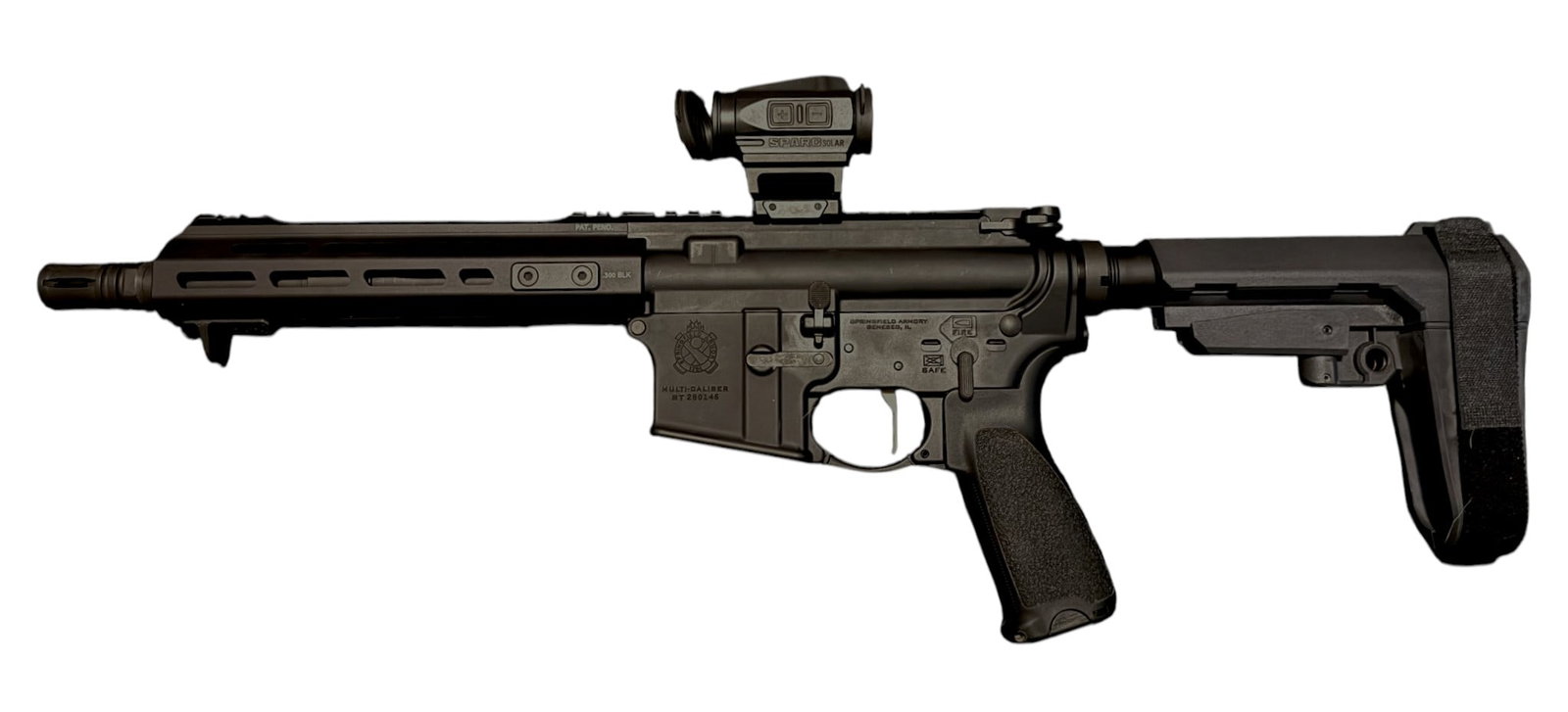 Excellent Springfield Armory SAINT Victor .300 BLK 9.5" Semi-Automatic AR-15 Pistol: S#: BT280146 | 9.5" Barrel | Weighs 5.5lbs | Standard Configuration | Comes with Soft Case | Equipped with a SPARC Solar Red Dot Optic |||| CONDITION: Excellent. Overall 98%. Shows signs of light use
