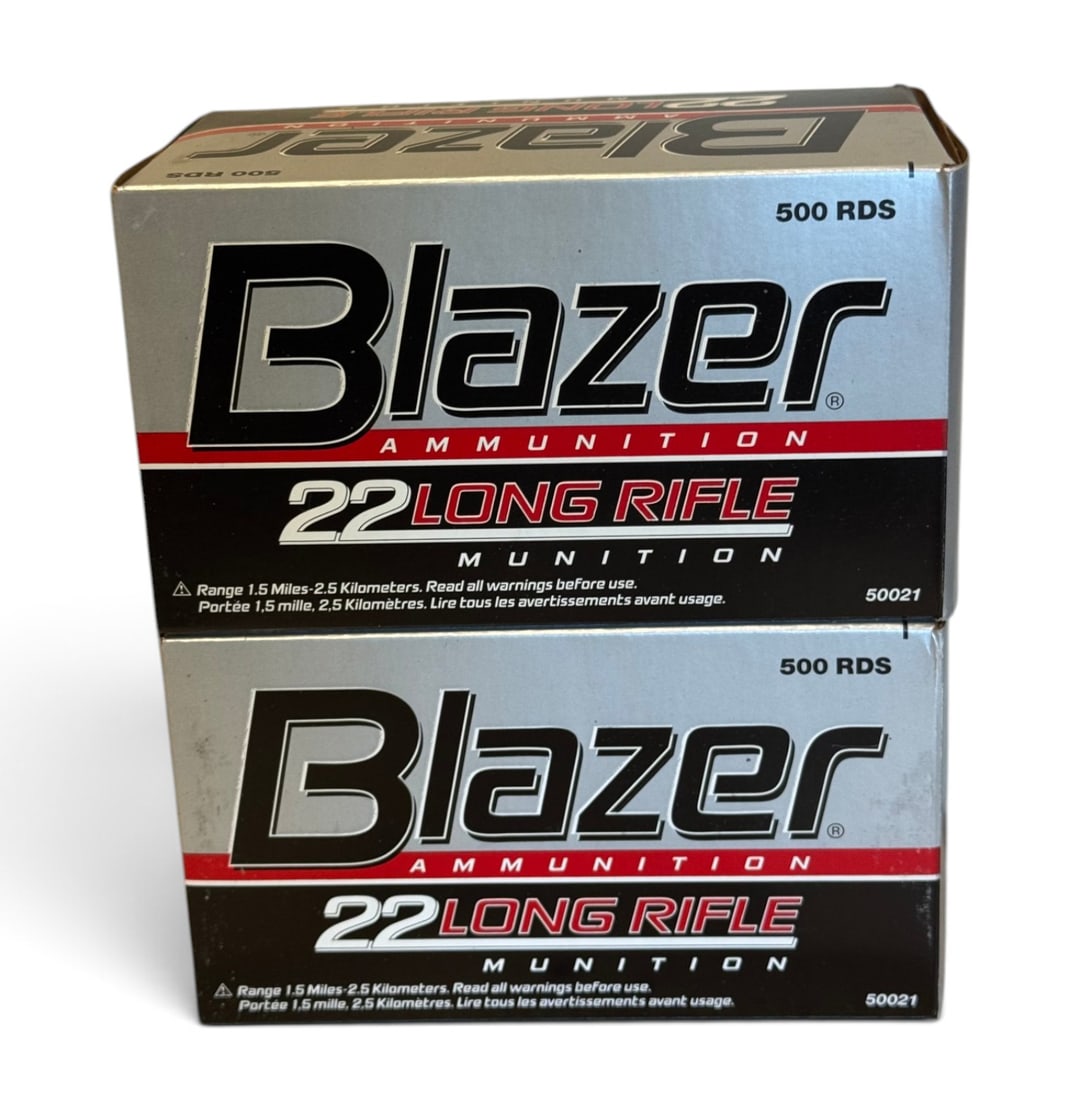 NIB 1,000rds. of .22 LR 40gr. LRN CCI Blazer Brass Ammunition: (2) Brand New Bricks of 500rds. Each. Inside each box is 10 Boxes of 50 Rounds.