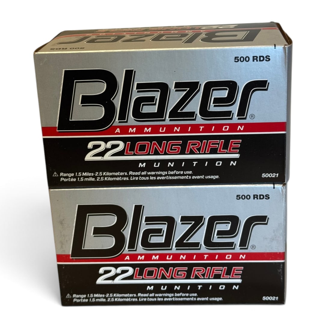 NIB 1,000rds. of .22 LR 40gr. LRN CCI Blazer Brass Ammunition: (2) Brand New Bricks of 500rds. Each. Inside each box is 10 Boxes of 50 Rounds.
