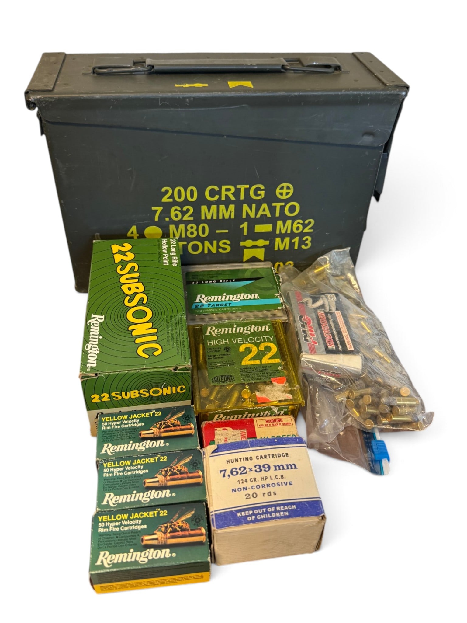 Approx. 830rds. of .22 LR, (45) .22 Short, (12) 7.62x39mm Factory Ammo in .30 CAL. CAN (1 of 14)