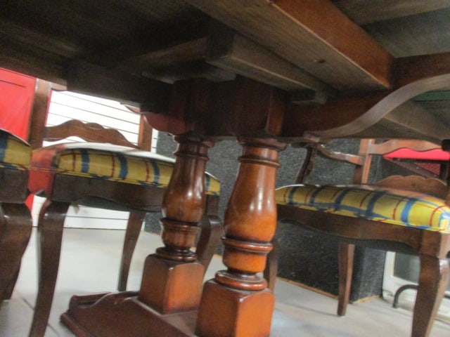 French Cottage Style Pegged Plank Draw Leaf Trestle Table and Ten Carved Ladder Back Chairs - 10