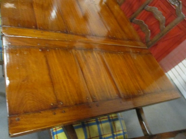 French Cottage Style Pegged Plank Draw Leaf Trestle Table and Ten Carved Ladder Back Chairs - 13
