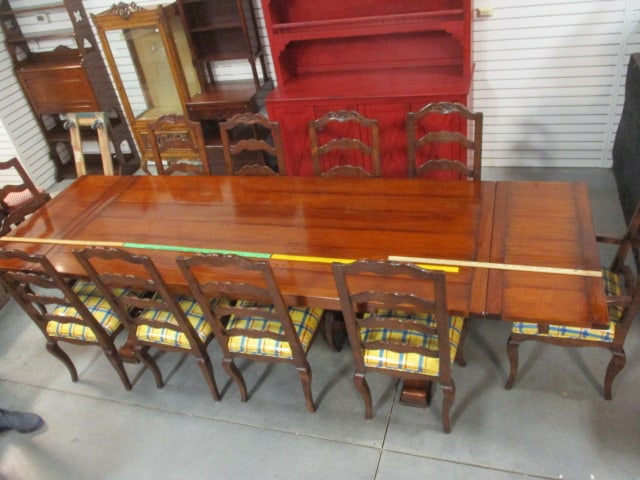French Cottage Style Pegged Plank Draw Leaf Trestle Table and Ten Carved Ladder Back Chairs - 2