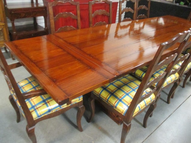 French Cottage Style Pegged Plank Draw Leaf Trestle Table and Ten Carved Ladder Back Chairs - 3