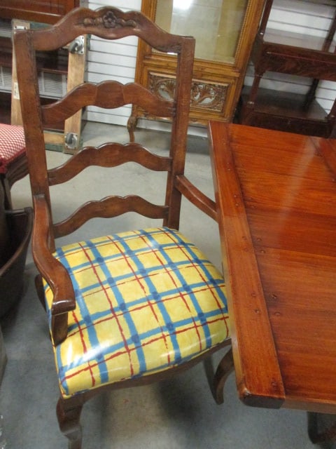 French Cottage Style Pegged Plank Draw Leaf Trestle Table and Ten Carved Ladder Back Chairs - 4