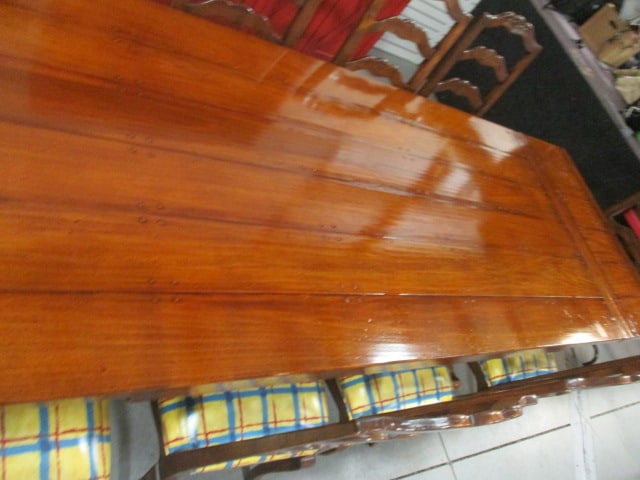 French Cottage Style Pegged Plank Draw Leaf Trestle Table and Ten Carved Ladder Back Chairs - 5