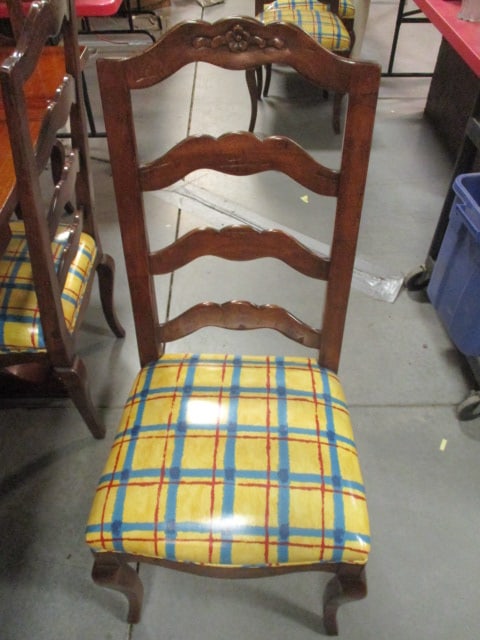 French Cottage Style Pegged Plank Draw Leaf Trestle Table and Ten Carved Ladder Back Chairs - 7