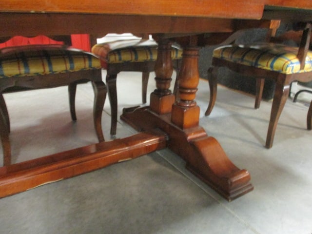 French Cottage Style Pegged Plank Draw Leaf Trestle Table and Ten Carved Ladder Back Chairs - 8
