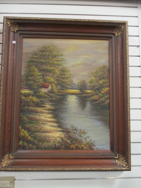 Lynwood Hall Signed Serence Riverside Cottage Landscape Canvas Painting: Crackle textured wood frame 32 3/4" x 39", signed Lynwood Hall '00 in lower right corner, Local Pickup Only