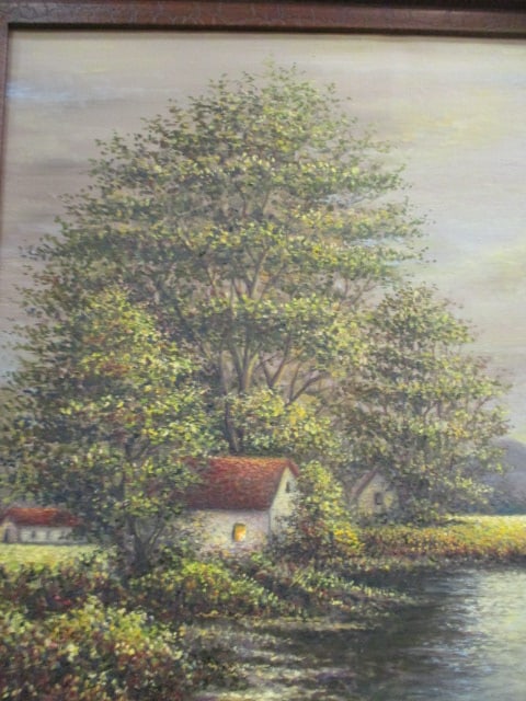 Lynwood Hall Signed Serence Riverside Cottage Landscape Canvas Painting - 2
