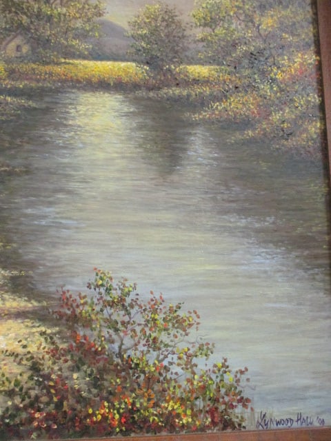 Lynwood Hall Signed Serence Riverside Cottage Landscape Canvas Painting - 3
