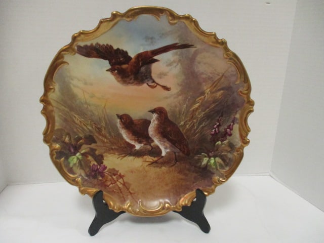 Antique LS&S "Quails" Handpainted Limoges France Porcelain Charger with Gilded Edge: 13 1/4"dia, includes plate easel, "Quails" on back with LS&S Limoges Fra stamped in blue on back with base clef style symbol impressed underglaze