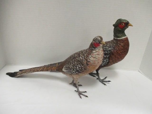 Vintage Franz Bergmann Austrian Cold-Painted Bronze Cock and Hen Pheasant Figures: Both have "B" inside center a small two handled urn with Austria underneath, Cock approx. 17" long, Hen approx. 15" long, few finish scuffs on beak and talons