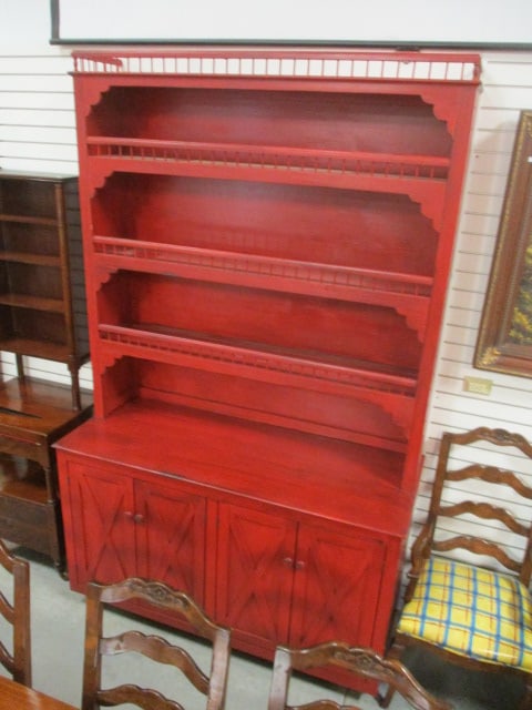 Red Distressed Custom Built 2 Piece Country Farmhouse Style Step Back Cupboard: Base has paneled doors with applied "X" bracing with upper section open shelves with decorative gallery rails and scalloped corners. Base 61" x 24 3/4" x 36", China hutch 61" x 13 1/2" x 62 1/2",