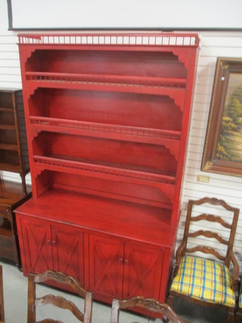 Red Distressed Custom Built 2 Piece Country Farmhouse Style Step Back Cupboard - 2