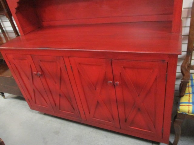 Red Distressed Custom Built 2 Piece Country Farmhouse Style Step Back Cupboard - 3