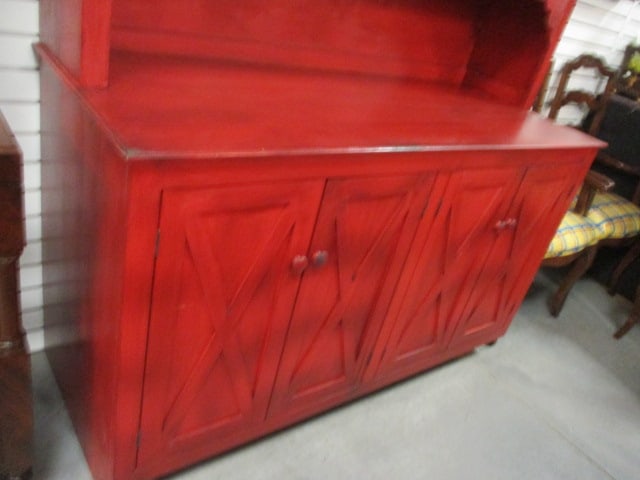 Red Distressed Custom Built 2 Piece Country Farmhouse Style Step Back Cupboard - 8