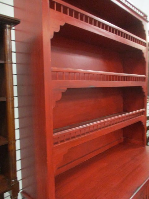 Red Distressed Custom Built 2 Piece Country Farmhouse Style Step Back Cupboard - 9