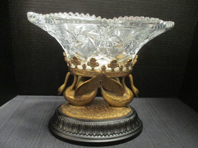 Castilian Imports Polish Cut Crystal Centerpiece Console Bol with Ornate Brass Swan Stand (1 of 6)