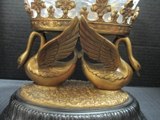 Castilian Imports Polish Cut Crystal Centerpiece Console Bol with Ornate Brass Swan Stand - 2