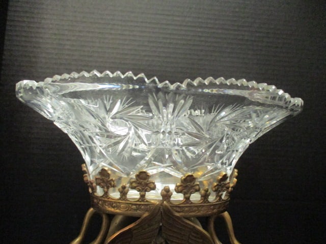 Castilian Imports Polish Cut Crystal Centerpiece Console Bol with Ornate Brass Swan Stand - 4
