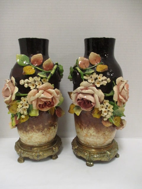 Pair of Vintage European Style Porcelain Vases with Applied Roses and Ornate Brass Base: Urn shape vase with applied faux ring handles 13 1/4"h, has sticker on bottom from Alan Franklin Transport for J. Adams Antiques Atlanta, some chips-see pictures and preview