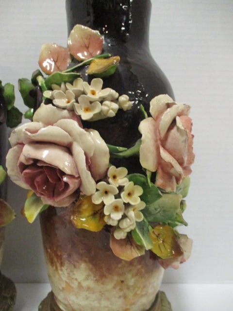 Pair of Vintage European Style Porcelain Vases with Applied Roses and Ornate Brass Base - 2