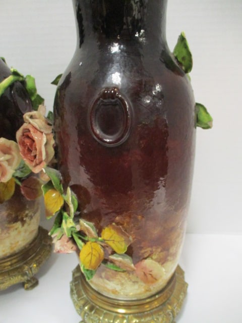Pair of Vintage European Style Porcelain Vases with Applied Roses and Ornate Brass Base - 3