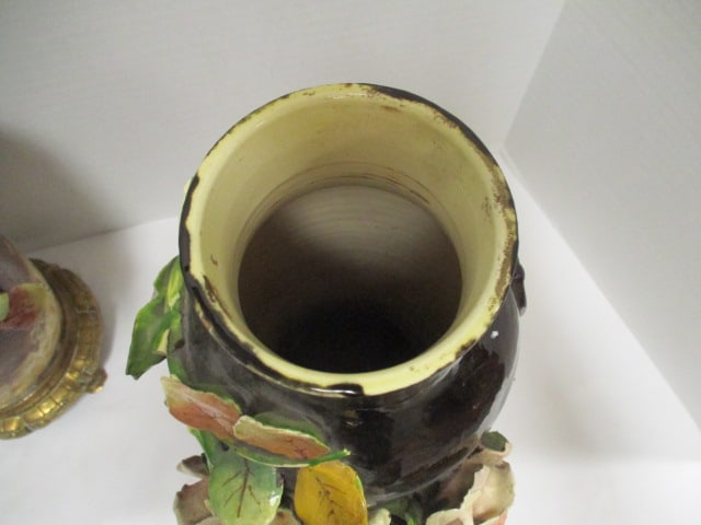 Pair of Vintage European Style Porcelain Vases with Applied Roses and Ornate Brass Base - 5