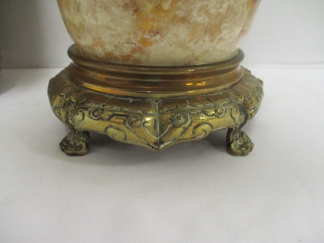 Pair of Vintage European Style Porcelain Vases with Applied Roses and Ornate Brass Base - 7