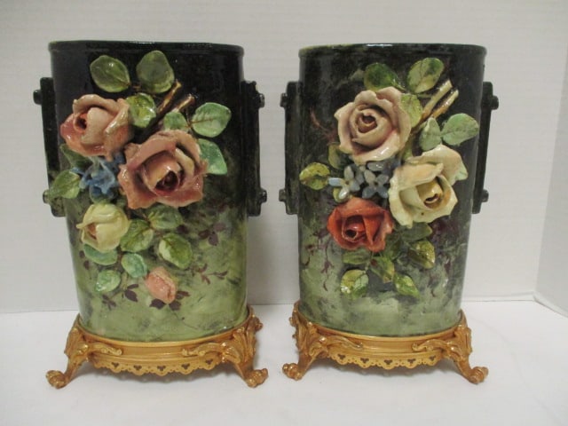 Pair of Vintage European Style Porcelain Vases with Applied Roses and Ornate Brass Base: Oval shape vase with applied handles 10"h, has sticker on bottom from Alan Franklin Transport for J. Adams Antiques Atlanta, marked E*G 78 on bottom