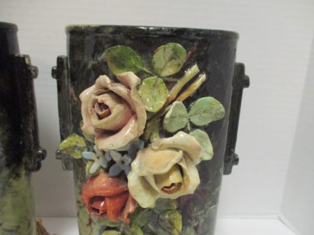 Pair of Vintage European Style Porcelain Vases with Applied Roses and Ornate Brass Base - 2