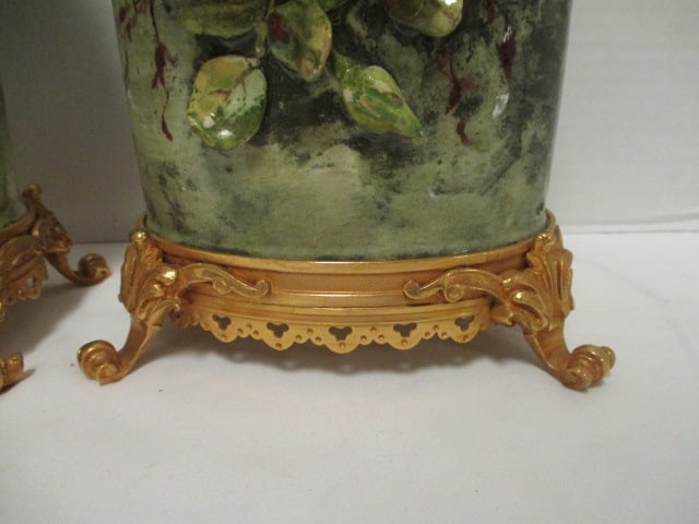 Pair of Vintage European Style Porcelain Vases with Applied Roses and Ornate Brass Base - 3