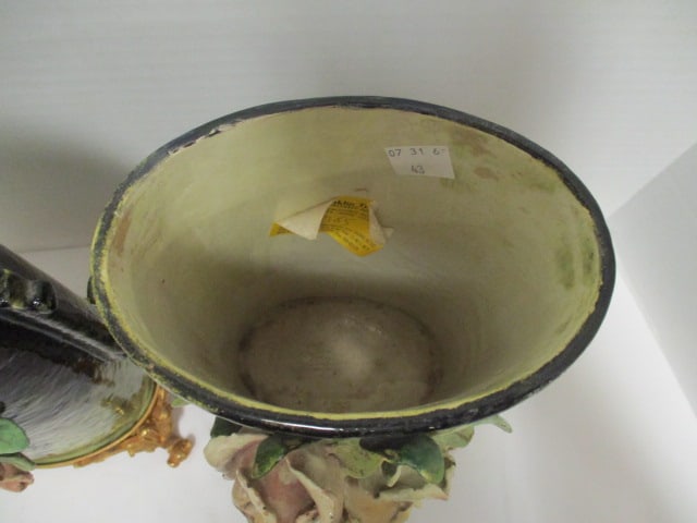 Pair of Vintage European Style Porcelain Vases with Applied Roses and Ornate Brass Base - 4