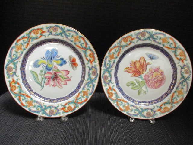 Two Mottahedeh "The Milred R. Mottahedeh The Merian Servive" Plates with Lucite Stands: Iris and Tulip Designs, both 8 5/8"dia