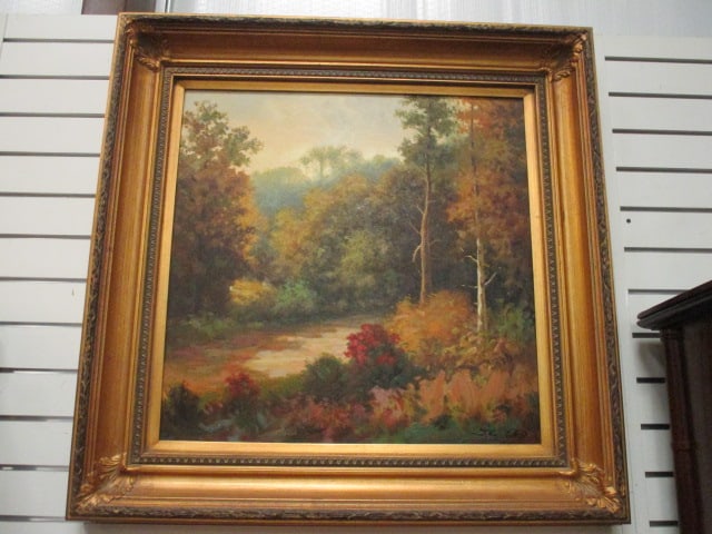 Signed JC Seo Fall Forest Landscape Painting on Canvas in Ornate Gilt Frame: 32 3/4" x 33", signed in lower right corner, Local Pickup Suggested