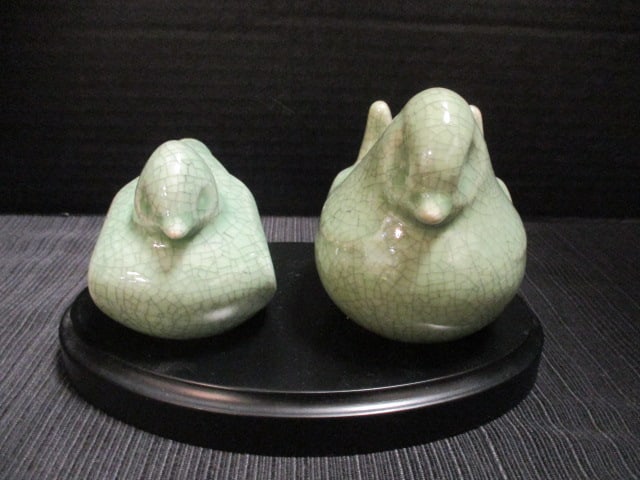 Crackle Glaze Pottery Bird Figures with Black Display Stand: Birds 4 3/4" long, 4 1/4" long, stand 7 1/2" x 5" x 1"