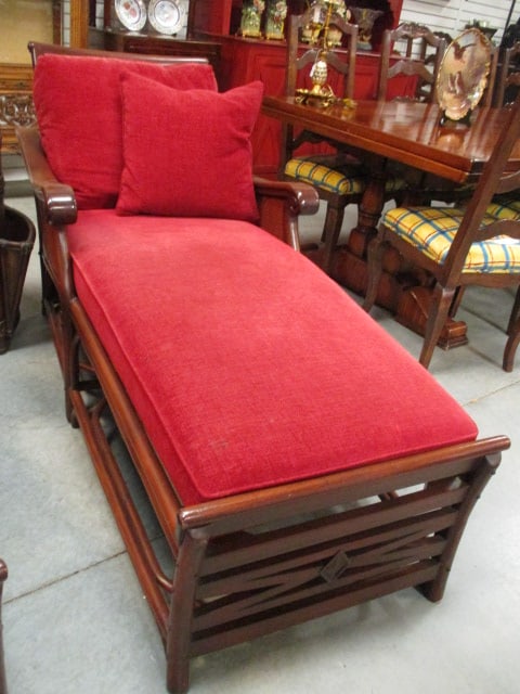 Chinese Chippendale Style Rattan Look Chaise Lounge with Cane Panels: Feather filled back cushion and throw pillow, 29"w x 66" long, back cushion has some UV light fading, arms have some polish build-up